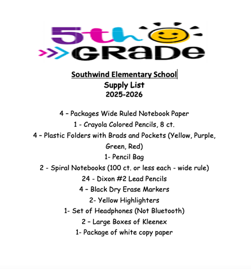 5th Grade Supply List 2025-2026